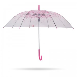 roze sakura 23 '' 8k auto open plastic J handvat transparante poe rechte paraplu